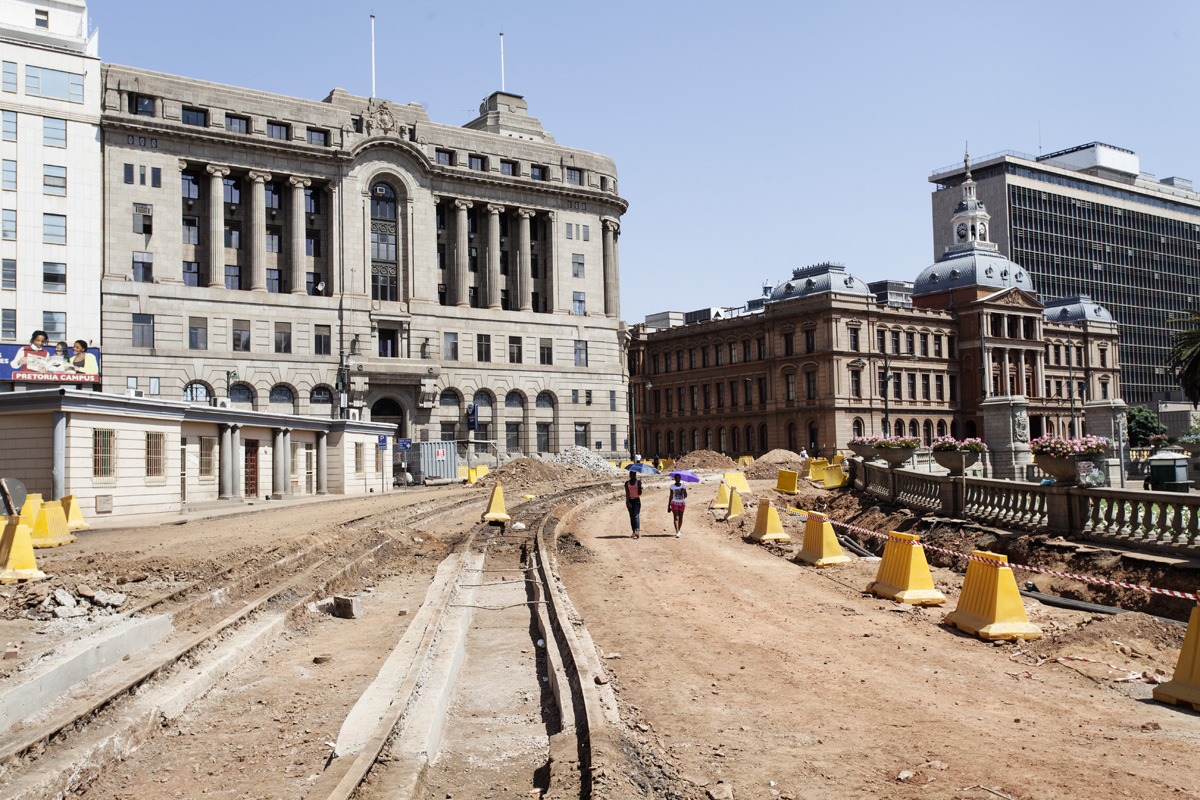 Old tram tracks visible during the construction in Church Square.